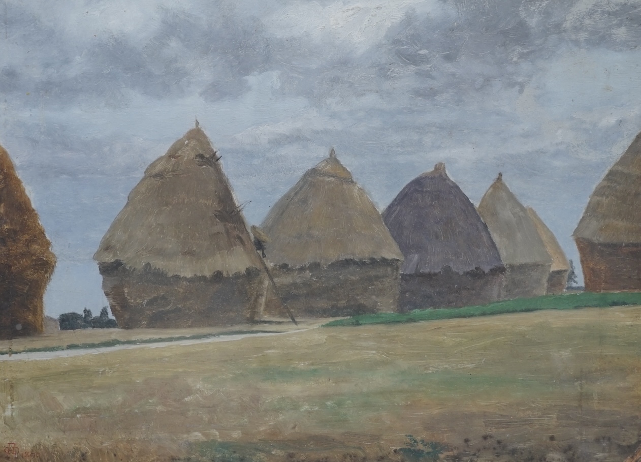 Charles des Anges, oil, Haystacks, signed with monogram and dated 1890, indistinct ink inscription verso, 23 x 32cm. Condition - fair